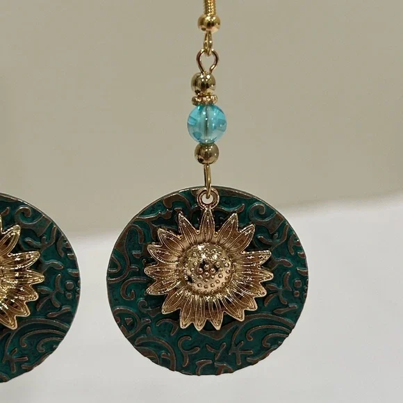 Gold and Blue Sunflower Earrings - Picture 2 of 4